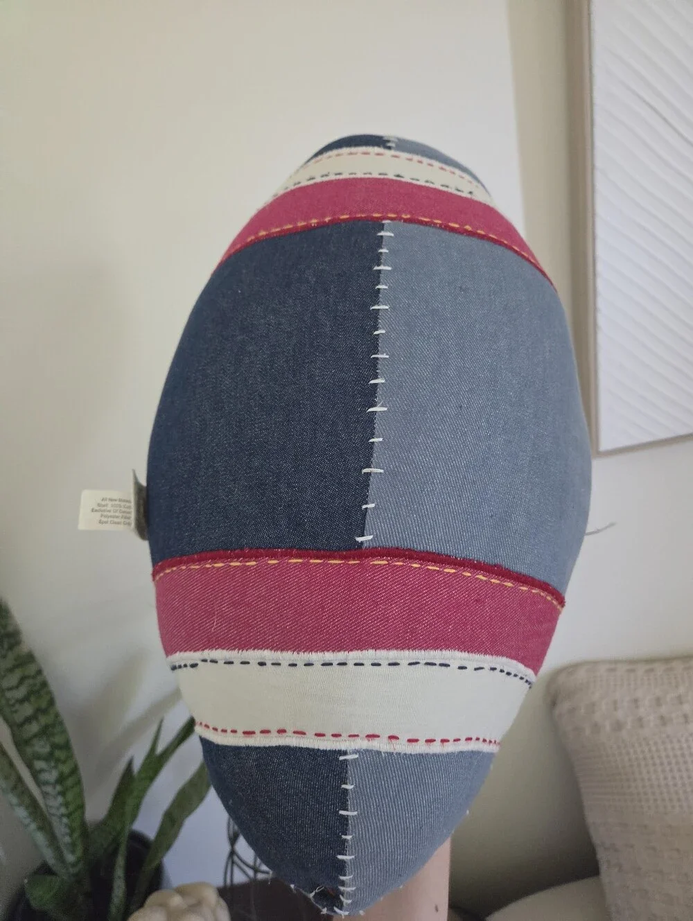 Pottery Barn Kids Denim Patchwork Football Throw Pillow Stuffed Toy Decor Red Bl